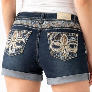 Sexy Couture Embellished Denim Shorts Sz 7 Studded Fleur De Lis Y2K Western Glam